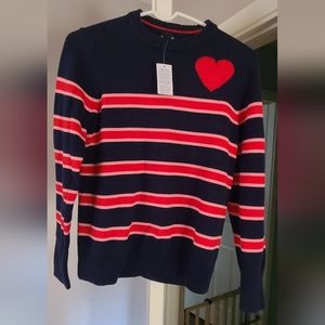 NWT Lands End XS Cotton Drifter Crewneck Sweater Compassion Red Heartbeat Stripe